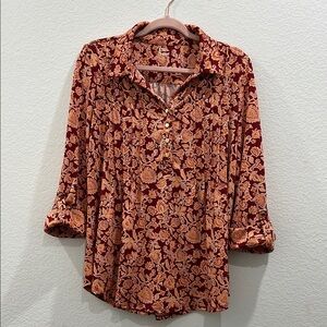 Kim Rogers Floral Half Button-Up Pullover 3/4 Sleeve Collared Red and Gold Top M